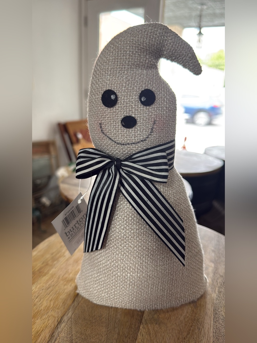 Cream Knit Ghost Decor with Black Stripe Bow by